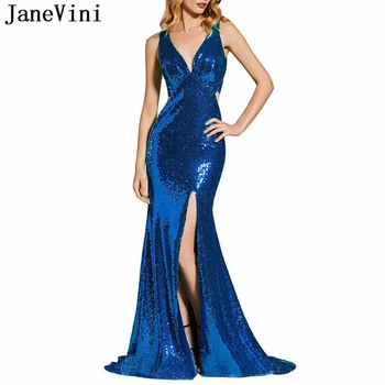 JaneVini Seksi Plus Velikost Bleščica Večerno Obleko Dolgo 2019 V Vratu Visoko Split Backless Iskrico morska deklica Modro Večerne Obleke za Ženske