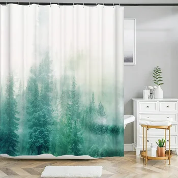 Misty borov gozd Tiskanja tuš zavesa naravne Kulise kopel zavese nepremočljiva tkanine, kopalnica zavesa, s Kavljem za dom dekor