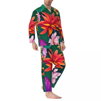 Tropski Cvetlični Sleepwear Pomlad Pisane Rože Priložnostne Prevelik Pajama Nastavite Moških Dolg Rokav Lep Dom Po Meri Domov Obleko
