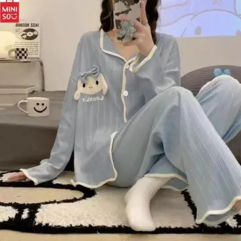 Miniso Kuromi Vezene Risanka Avatar Trak Pižamo Proti-vrat Jopico Dolgo Oplaščeni More Nastaviti Svoboden Noč-oblačila