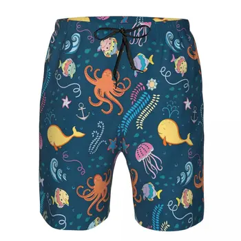 Men ' s Beach Kratke Plavati Hlače Morskem Svetu Ribe, Hobotnica Meduze Zvezda Sidro Alg Deskanje Šport Board kratke Hlače, Kopalke