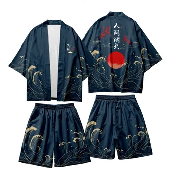 Obleko, dvodelno, Ognjemet Vzorec Japonski Jopico Ženske Moški Cosplay Yukata Oblačila Harajuku Samurai Kimono + Hlače Določa