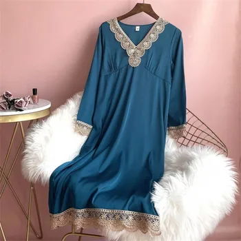 Seksi Mehke Čipke Trim Dolg Rokav Nightdress Rajon V-Neck Ženske Nightgown Sleepwear Priložnostne More Homewear