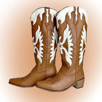 IPPEUM Kavbojski Škornji Za Ženske Retro Vezenje Usnje Texana Državi Glasbenih Festivalih Nosijo Rjave Kolena Visoki Zahodni Cowgirl Čevlji
