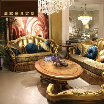 High-end kavč meri luksuzni klasične villa usnjeni kavč Evropske ročno izdelan masivnega lesa izrezljane kavč kombinacija