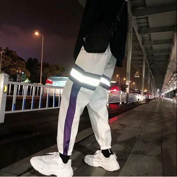 Hip hop reflektivni hlače moški joggers mens sweatpants ulične noč svetlobe sijoče dolgo Jogger hlače za pare