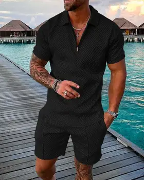 Čisto črna oblačila poletne moške kratke dva kosa temperament odraža preprost barva kratka sleeved obleko S-3XL