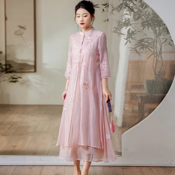 High-End Poletje Kitajski Slog Qipao Ženske Elegantne Vezenje Lady Obleko Cheongsam Čaj Oblačila Ženska S-XXL