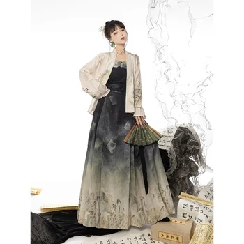 Ming Dinastija Gorske Reke Natisnjeni Konj Obraz Krilo ženska Moda in Ženske Sodobne Hanfu Obleko 3pcs Kitajski Princesa Cosplay Kostum