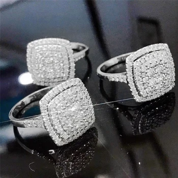 Korejski žensk ins high-end klasičnih kvadratnih 18K belim zlatom, polnega diamantov 925 sterling srebrni prstan delo preprost nakit