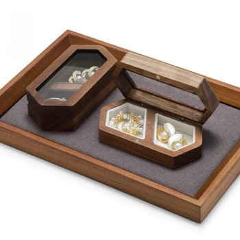Prenosni high-end nakit škatla za shranjevanje, lesene mini prstani, uhani, biser nakit polje, dustproof nakit polje