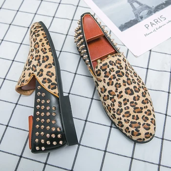 Leopard Moških Loafer Zdrsne Na Oblikovalec Kovice Stud Čevlji Punk Stil Moški Modni Čevlji Ročno Moccasins Britanski Stil Klub Čevlji