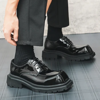 Retro Moški Kvadratnih Toe Lakastega Usnja Čevlji Podjetja Oxford Človek Čipke-up Formalno Obleko Čevlje Luxury Black Derby Čevlji Mat Luč
