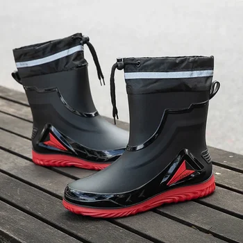 Moški nepremočljiva anti-slip dež čevlji na prostem ribolov škornji nova dež škornji za moške gume čevlji z žametno, da toplo v zimskem času