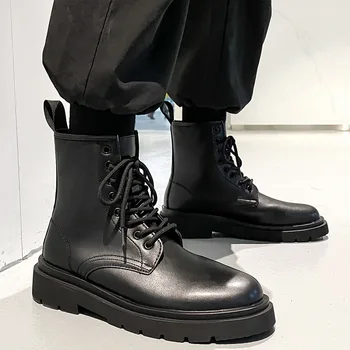 mens škornji z visoko črno pravega usnja čevlji čipke-up kavboj motocikel boot stranka prom obleke platformo dolgo botas hombre zapatos